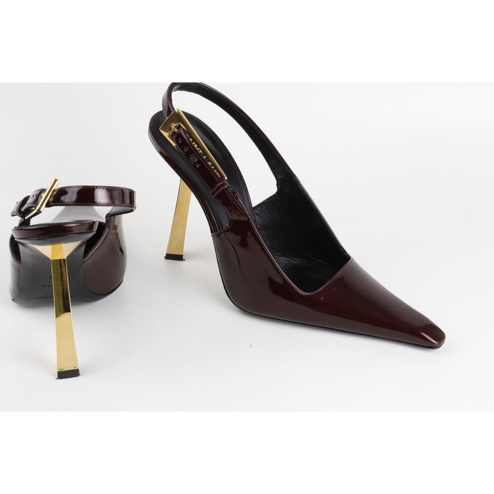 Saint Laurent Lee Burgundy Patent Leather Slingback Pointed Toe Heels Gold 37 - Picture 11 of 16